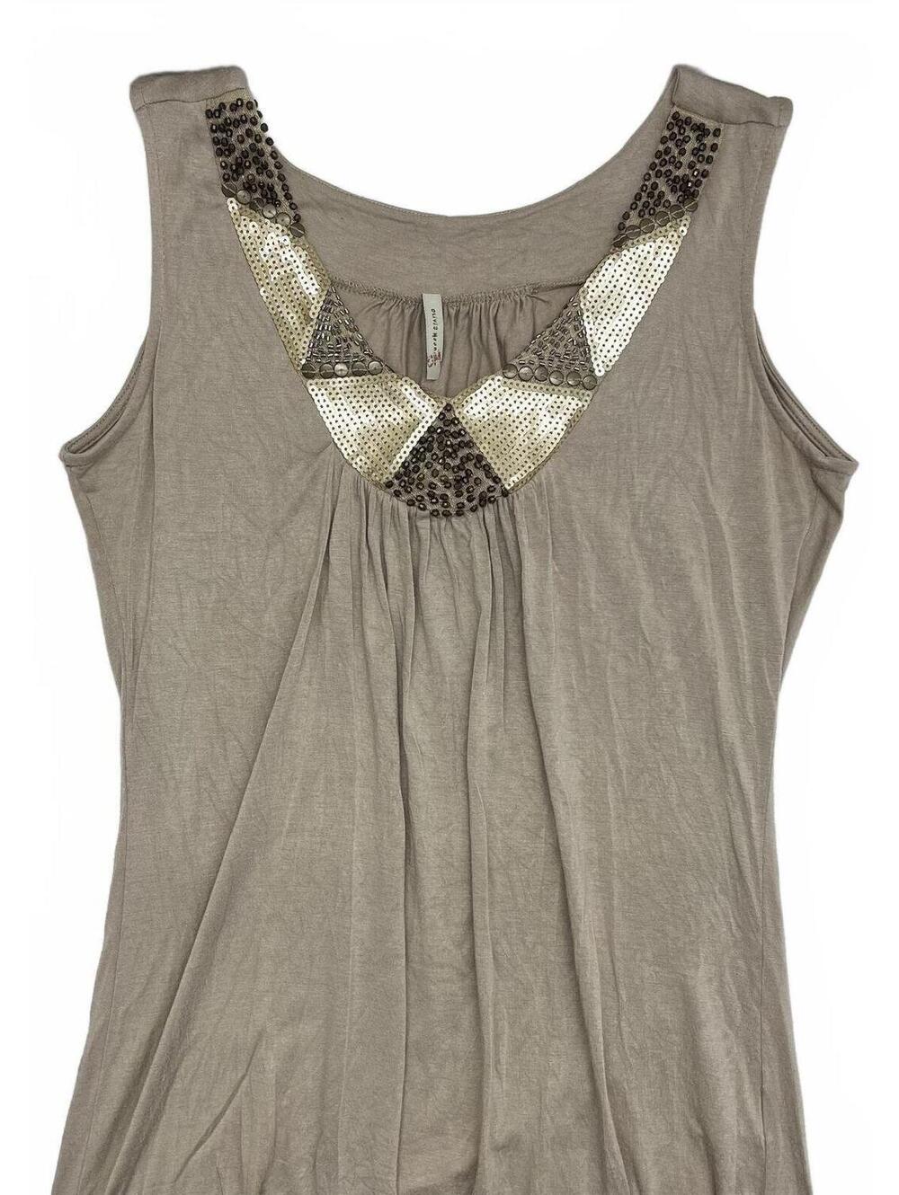 Y2K Olivia Moon Beige Tank Top With Decorative Beaded Neckline USA Made Sz M